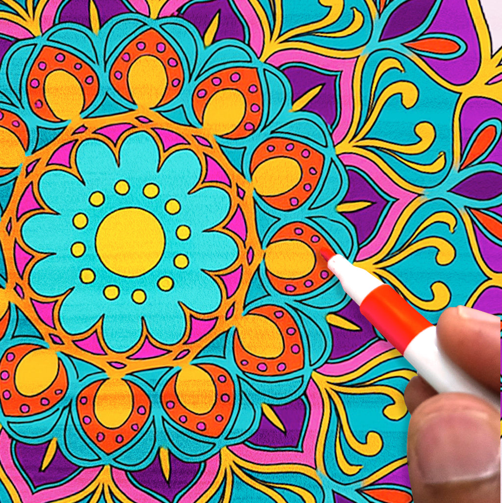 Mandala Colouring Expert Book – 24 Designs with 12 Acrylic Markers | 250 GSM Premium Spiral-Bound Pad - The Crafthives