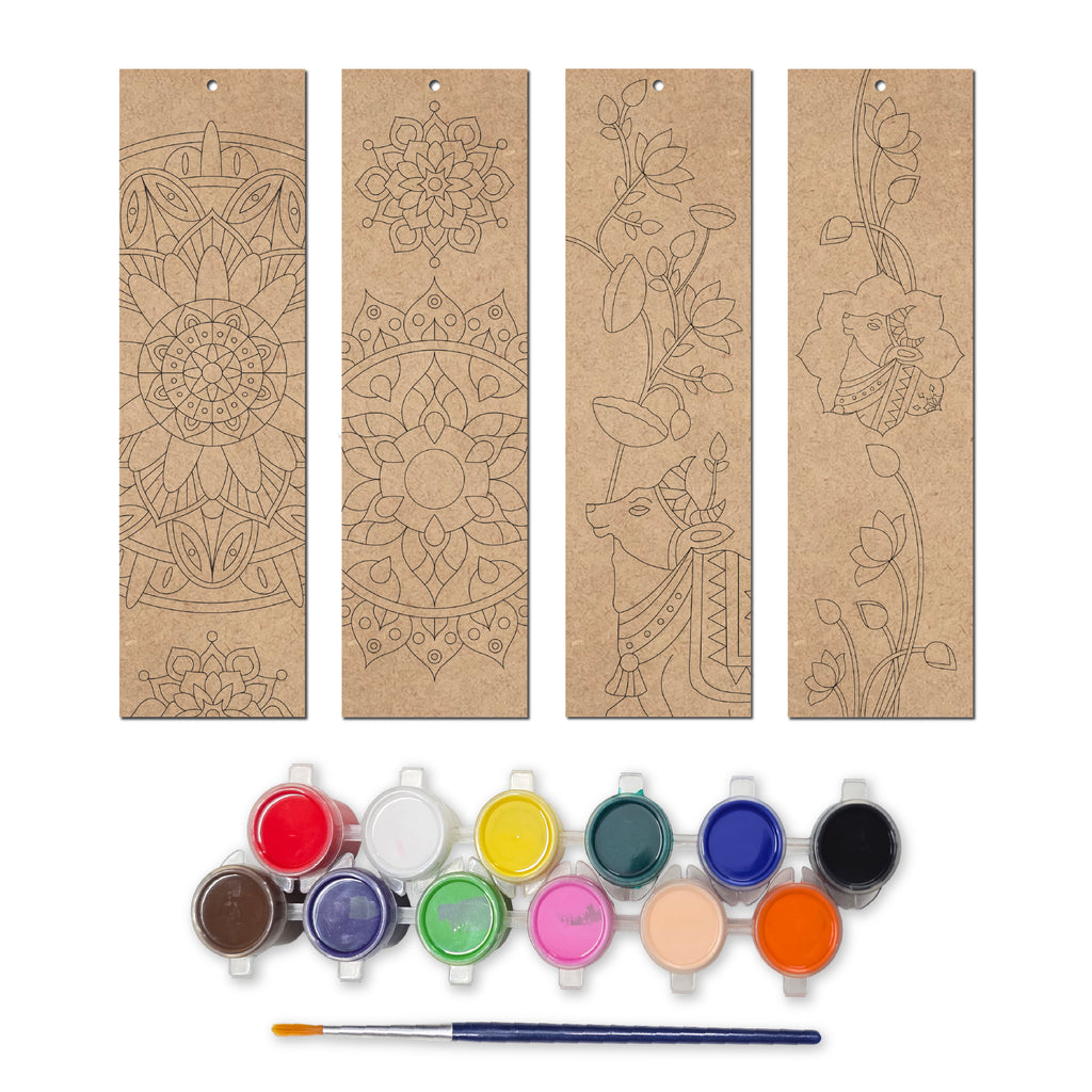 Wooden Bookmarks – Mandala & Pichwai Art | Set of 4 with Paint Sets