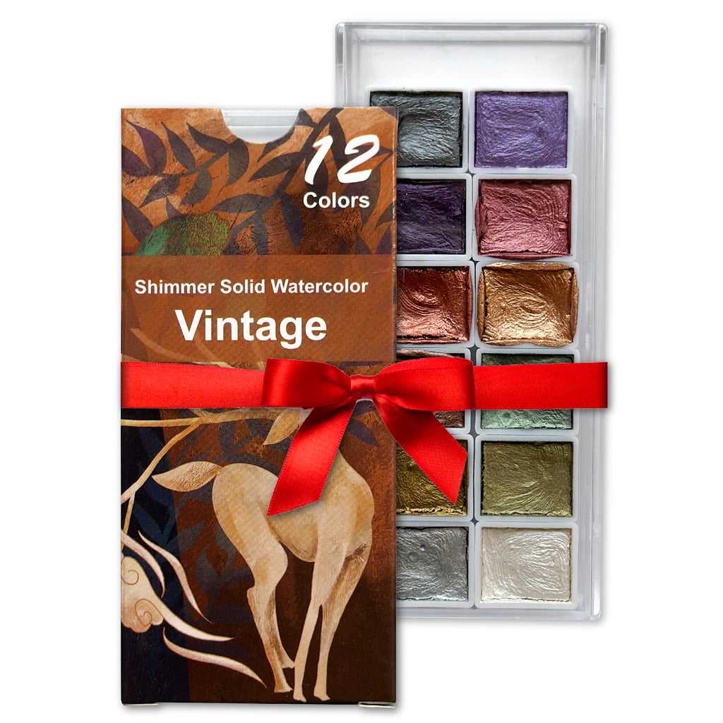Vintage Metallic Shimmer Watercolor Set – 12 Solid Pans | Professional