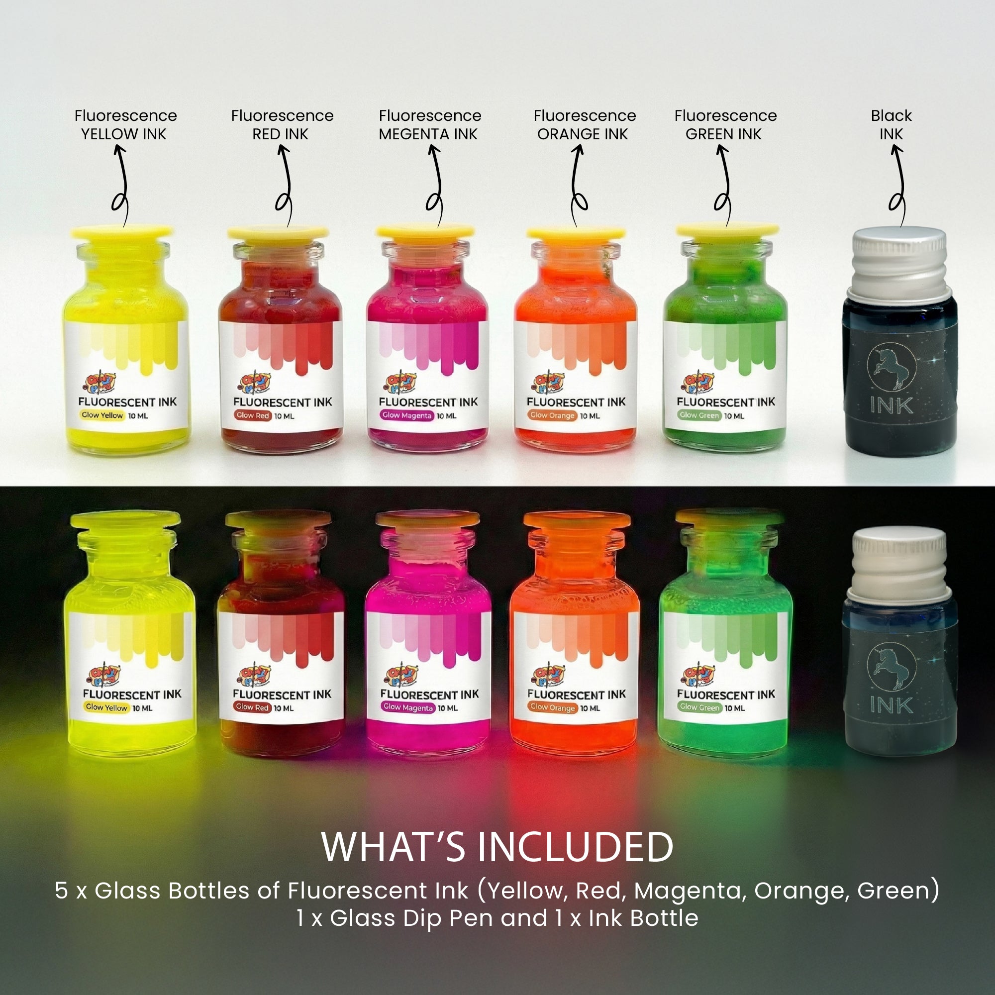 Glow Fluorescent Ink Set with Glass Pen | Calligraphy & Anime Art – The Crafthives