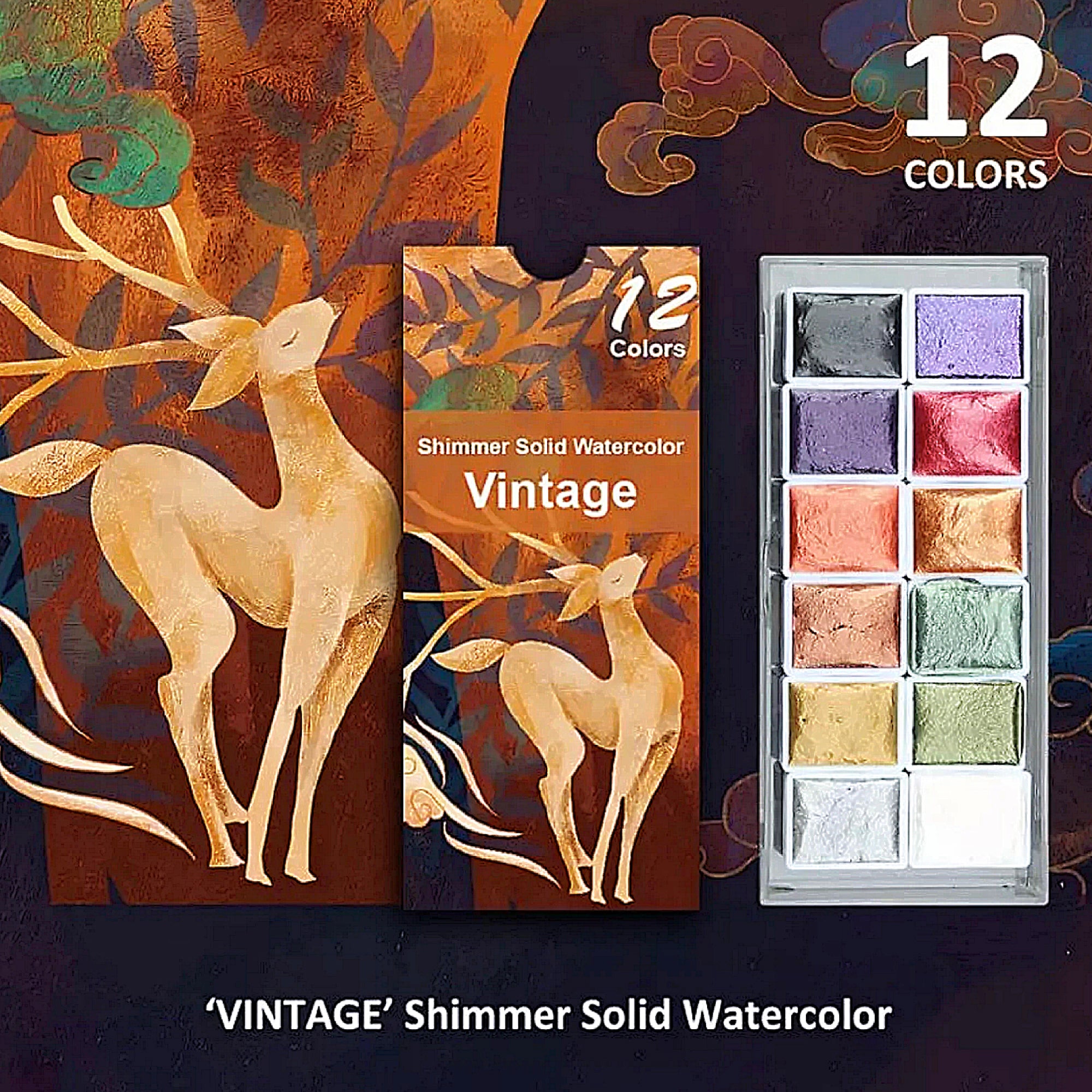 Vintage Metallic Shimmer Watercolor Set – 12 Solid Pans | Professional