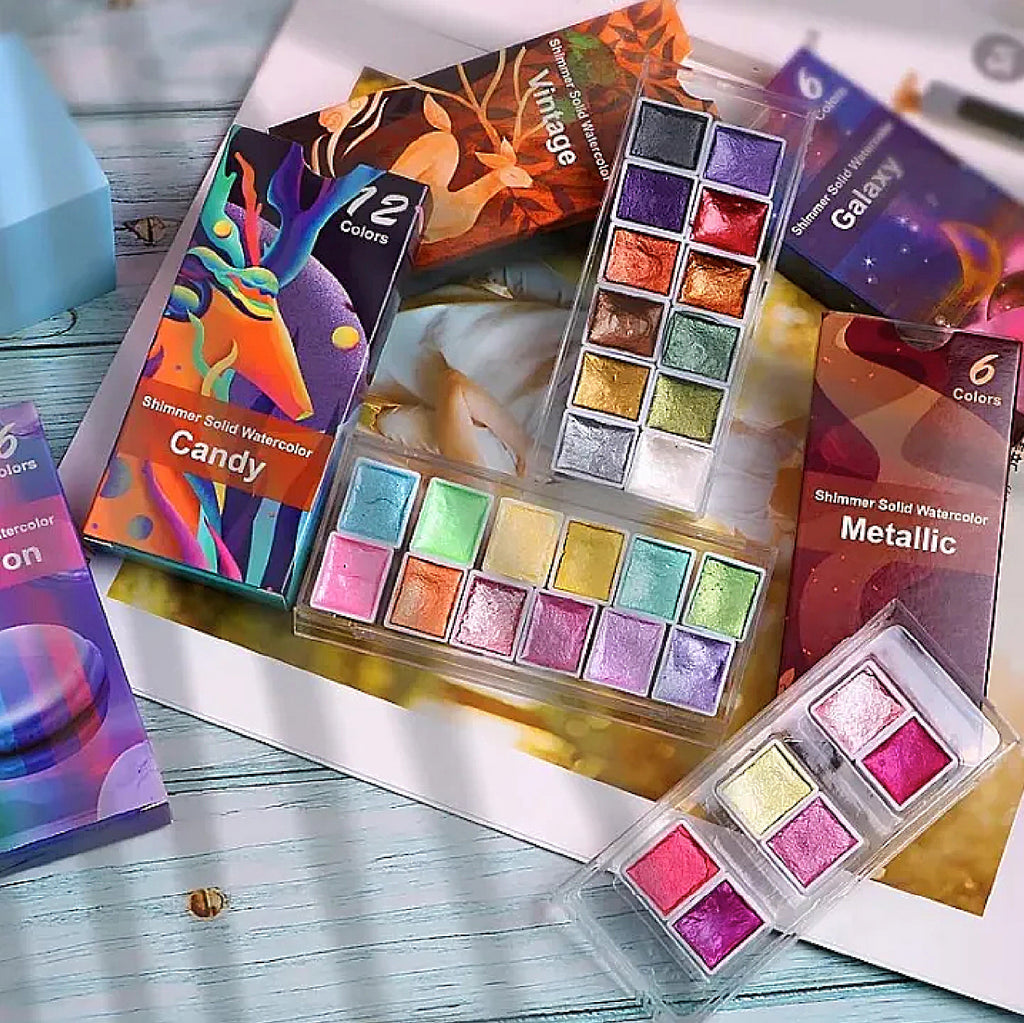 Candy Metallic Shimmer Watercolor Set – 12 Solid Pans | Professional