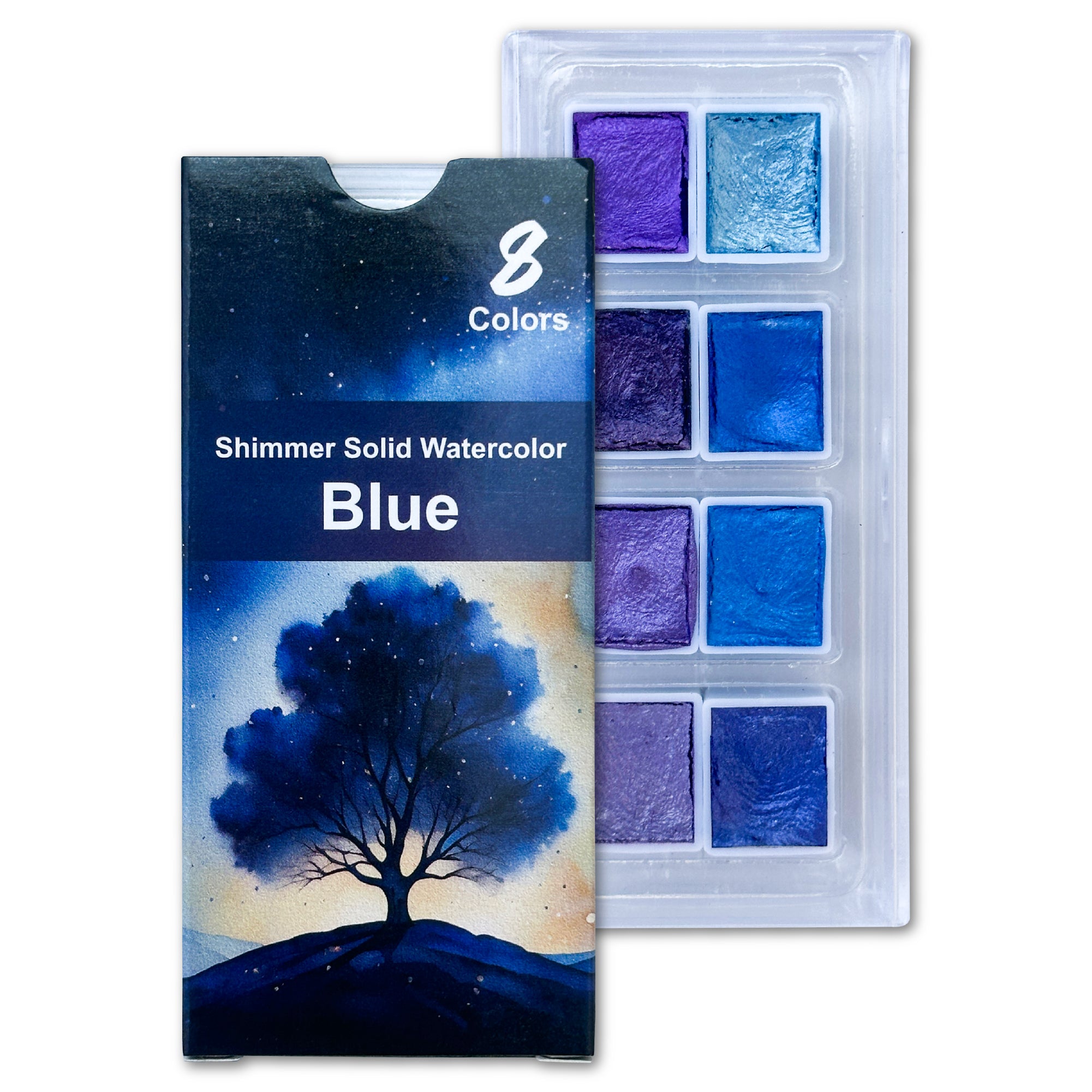 The Crafthives Shimmer Watercolor Set – Blue & Purple Magic (8 Pearlescent Metallic Shades)