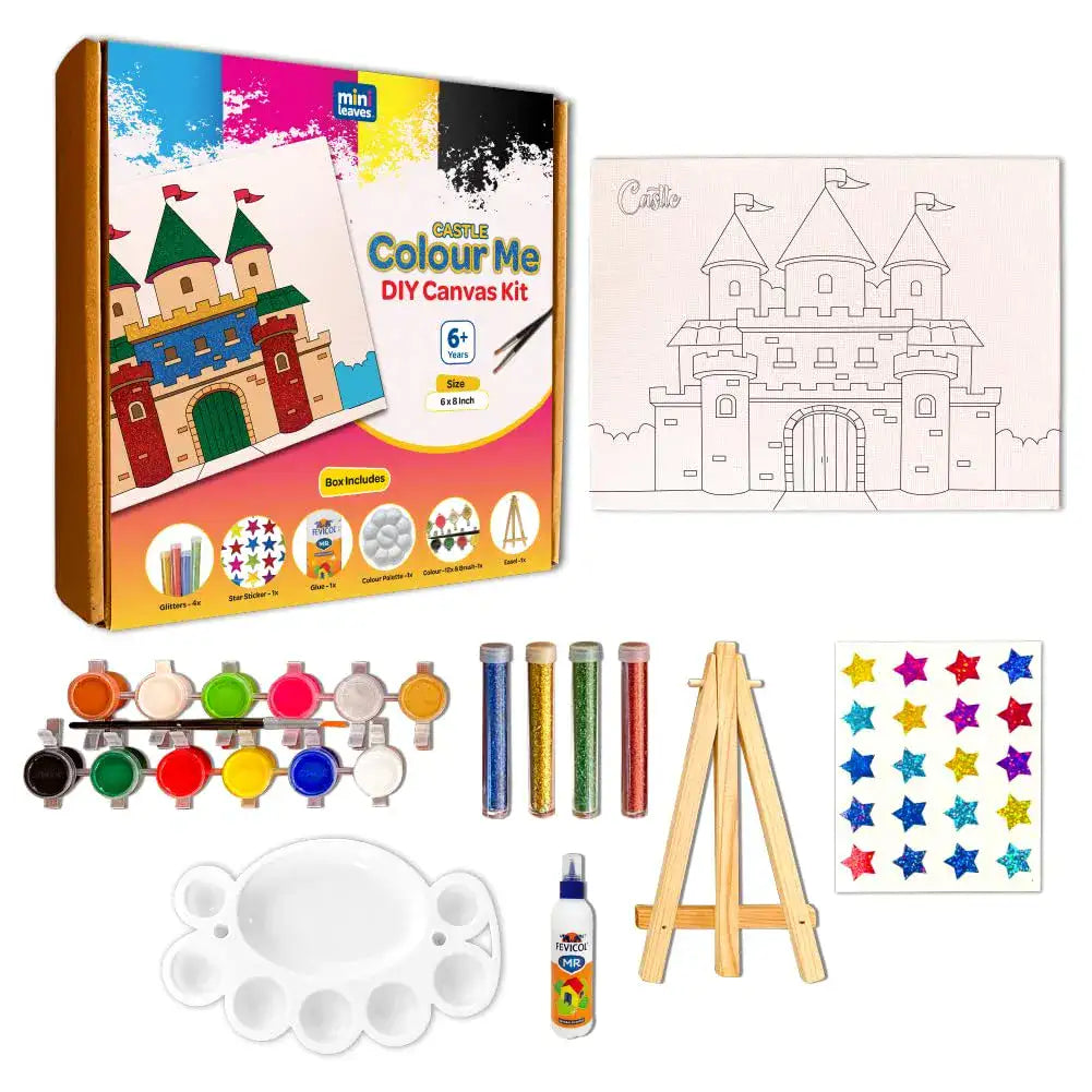 Colour Me Castle DIY Canvas Art Kit 8 x 6 Inch with Wooden Easel for 6+ Kids - The Crafthives