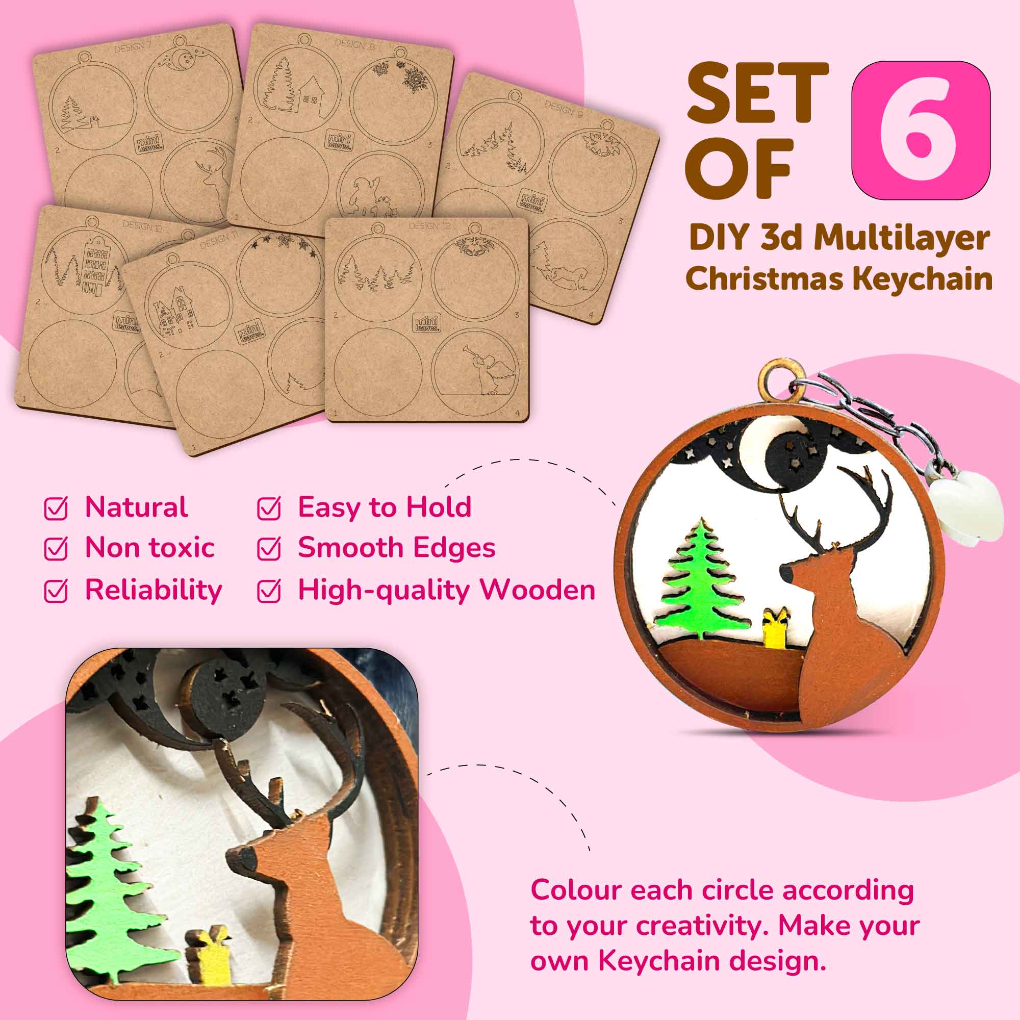 Creative 3D DIY Wooden Christmas Key Chain - Art and Craft Kit for 6+ Years - Set of 6 - The Crafthives