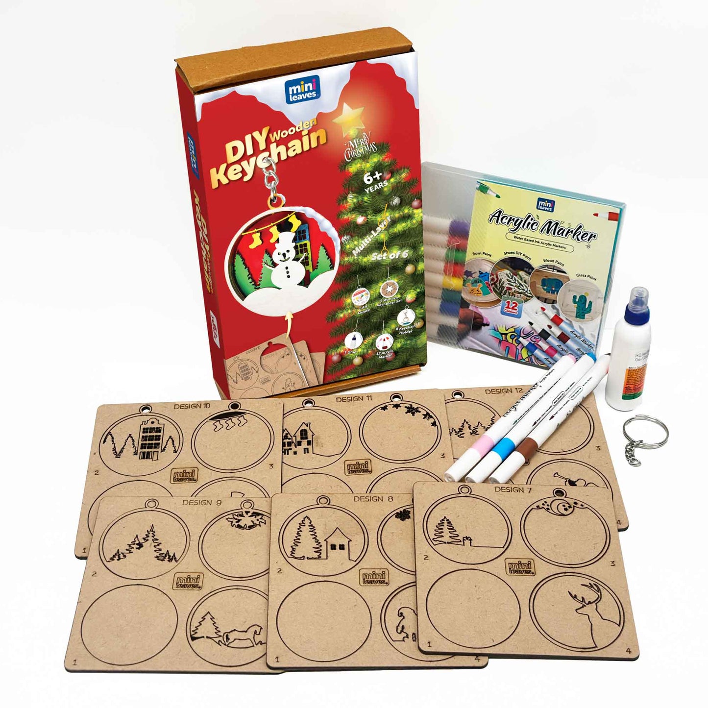 Creative 3D DIY Wooden Christmas Key Chain - Art and Craft Kit for 6+ Years - Set of 6