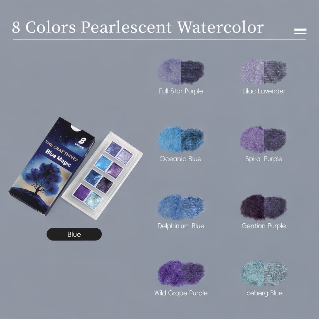 The Crafthives Shimmer Watercolor Set – Blue & Purple Magic (8 Pearlescent Metallic Shades)