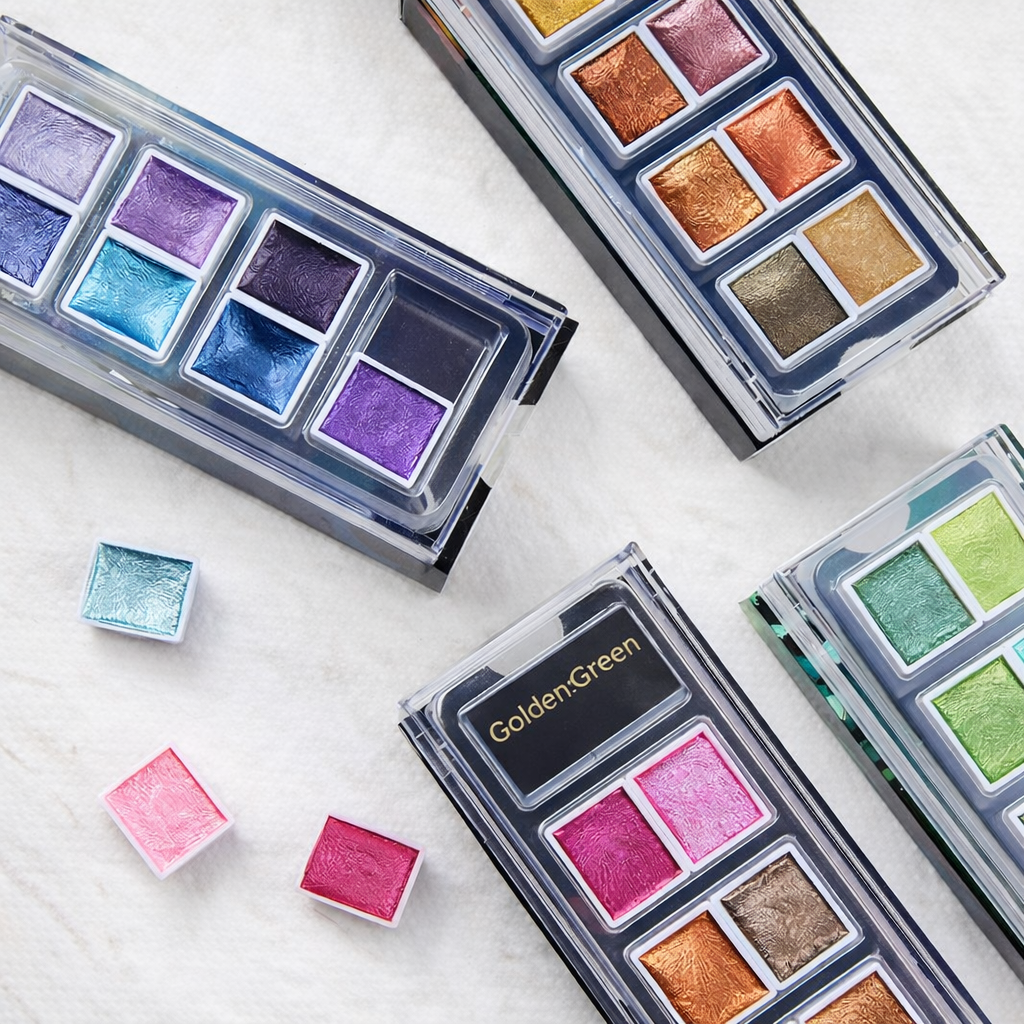 The Crafthives Shimmer Watercolor Set – Blue & Purple Magic (8 Pearlescent Metallic Shades)