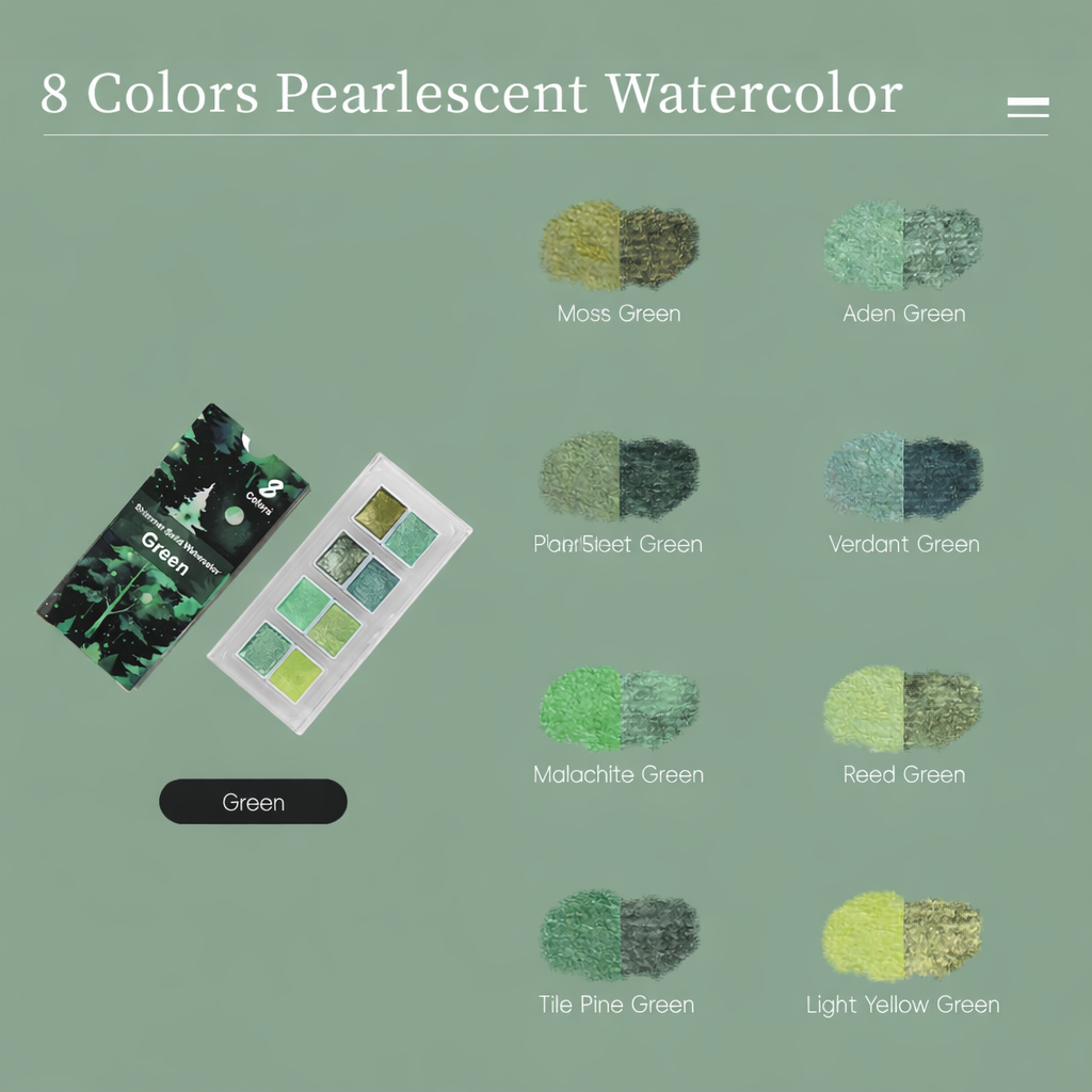 The Crafthives Shimmer Watercolor Set – Green Magic (8 Metallic Pearlescent Shades)
