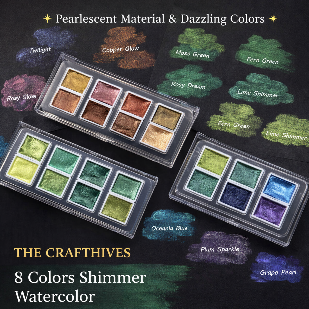 The Crafthives Shimmer Watercolor Set – Green Magic (8 Metallic Pearlescent Shades)