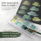 The Crafthives Shimmer Watercolor Set – Green Magic (8 Metallic Pearlescent Shades)