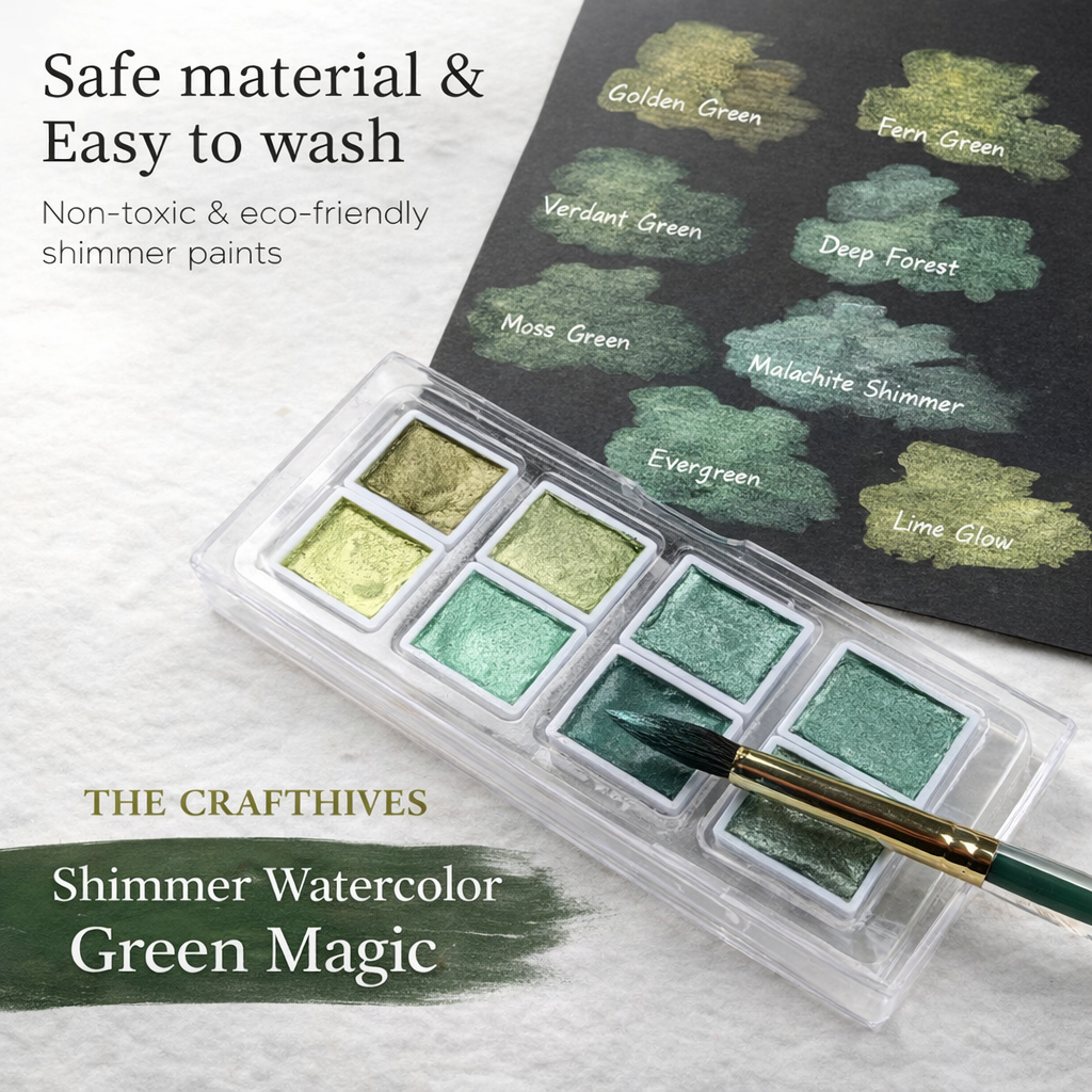 The Crafthives Shimmer Watercolor Set – Green Magic (8 Metallic Pearlescent Shades)